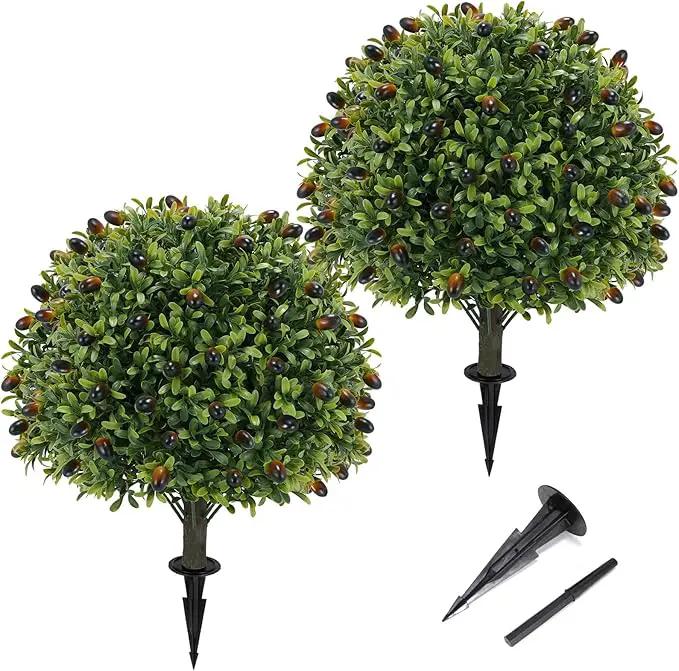 Artificial olive Topiary Ball Tree 24" with Ground Spike, Set of 2 Artificial Boxwood Bushes for Faux Shrubs, Fake Evergreen Faux Plant for Indoor Outdoor Porch Garden -UV Resistant–Fade-Proof by GreenHaven Gardens
