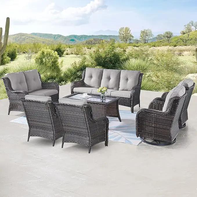 Outdoor Wicker Furniture Patio Set - 7 Piece Backyard Furniture Brown Rattan Conversation Sets with Swivel Rocker Chairs, Rattan Sofa, Club Chairs and Coffee Table, Grey Cushion by GreenHaven Gardens