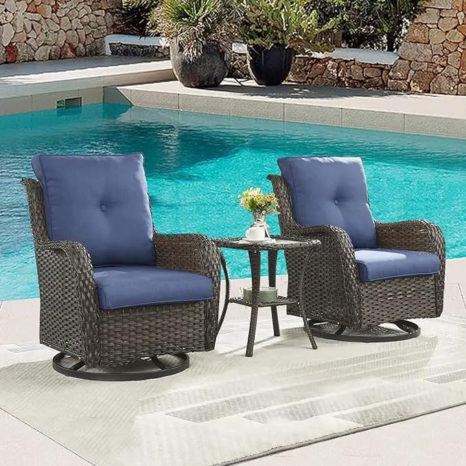 Outdoor Patio Swivel Rocker Chairs - 3 Piece Patio Bistro Set,Wicker Patio Furniture Set with 2 Swivel Rocking Chairs and 1 Glass Top Side Table for Deck Porch Garden,Brown/Blue by GreenHaven Gardens