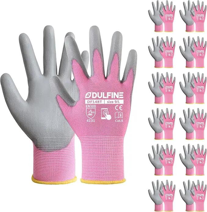 DULFINE Work Gloves for Men PU Coated 12 Pairs Bulk Pack,Pink Seamless Knit Glove with thin Polyurethane,Two Finger Touchscreen, for Men and Women, Ideal for Light Duty Work. (Large) by GreenHaven Gardens