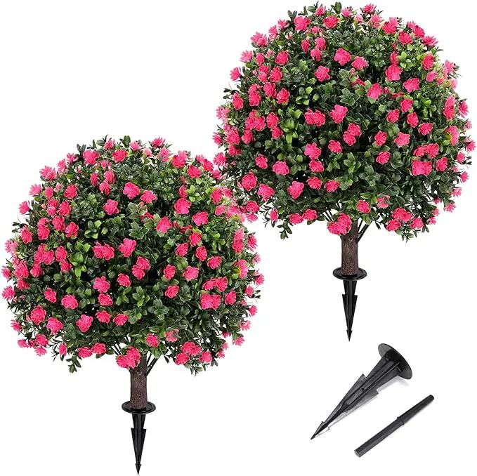 Artificial Pink camellia Topiary Ball Tree 25" with Ground Spike, Set of 2 Artificial Boxwood Bushes for Faux Shrubs, Fake Evergreen Faux Plant for Indoor Outdoor Garden -UV Resistant–Fade-Proof by GreenHaven Gardens