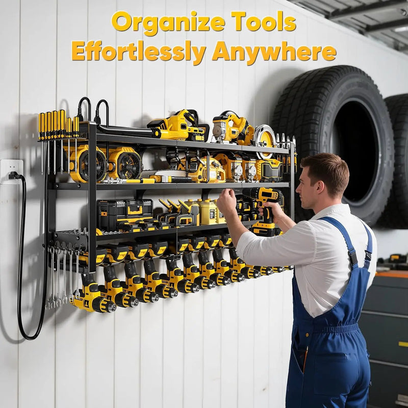 49.5" W Large Power Tool Organizer Wall Mount with Charging Station, 4-Tier Heavy Duty12 Cordless Drills Holder Load 600 lb, Tool Battery Storage Rack Built in 8 Outlet Power Strip for Garage by GreenHaven Gardens