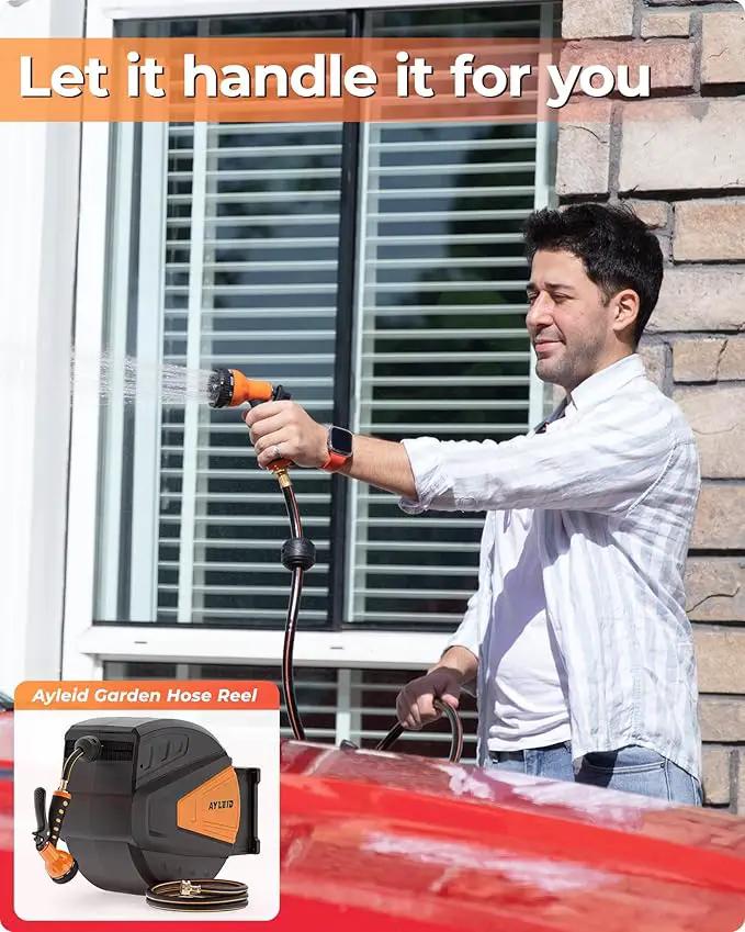 Ayleid Retractable Garden Hose Reel,5/8 in x 100 FT Wall Mounted Hose Reel, with 9- Function Sprayer Nozzle, Any Length Lock/Slow Return System/Wall Mounted/180°Swivel Bracket (Black) by GreenHaven Gardens