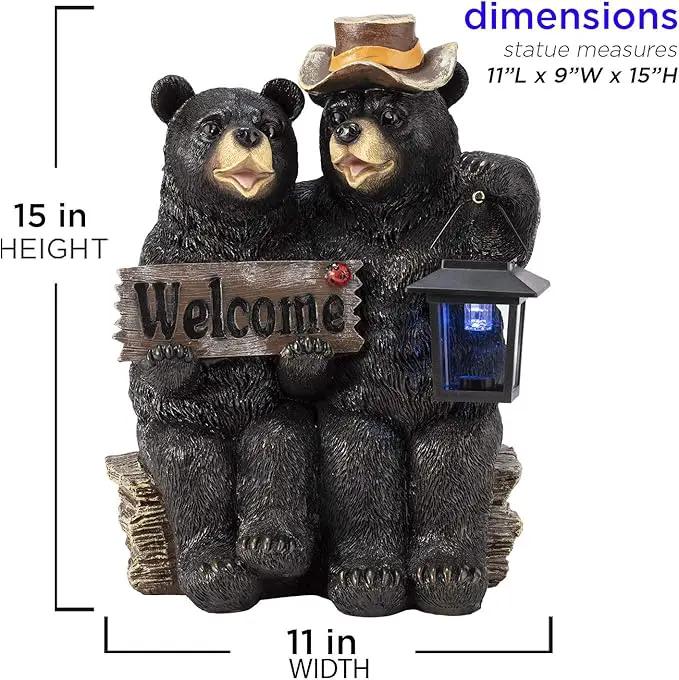 Alpine Corporation 15" Tall Outdoor Bear Couple with Lantern and Welcome Sign Statue with Solar LED Light Yard Art Decoration by GreenHaven Gardens