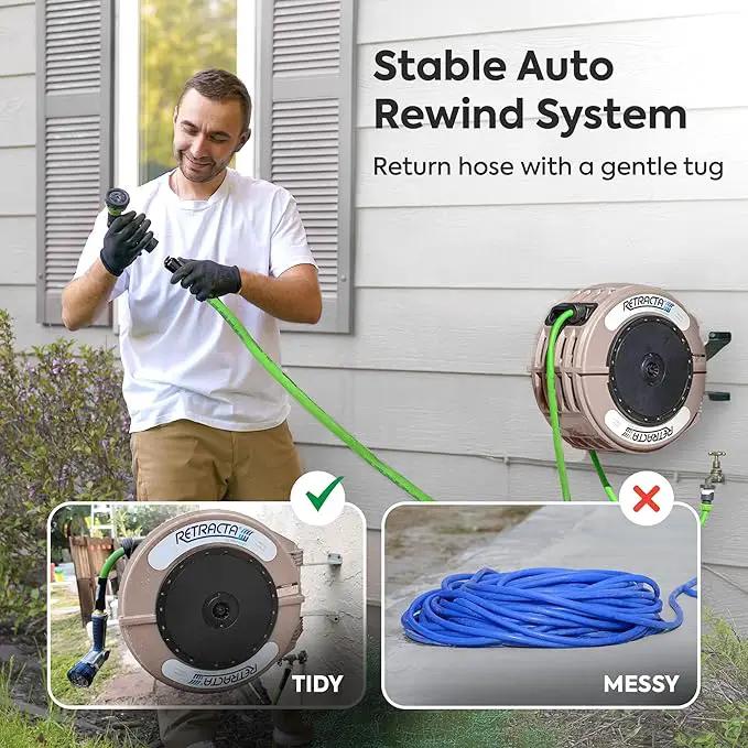 Macnaught Retractable Garden Hose Reel, 60 Ft Water Hose Reel Heavy Duty Retractable Hose with Metal 180° Swivel Rotation Bracket for Wall Mount - Beige by GreenHaven Gardens