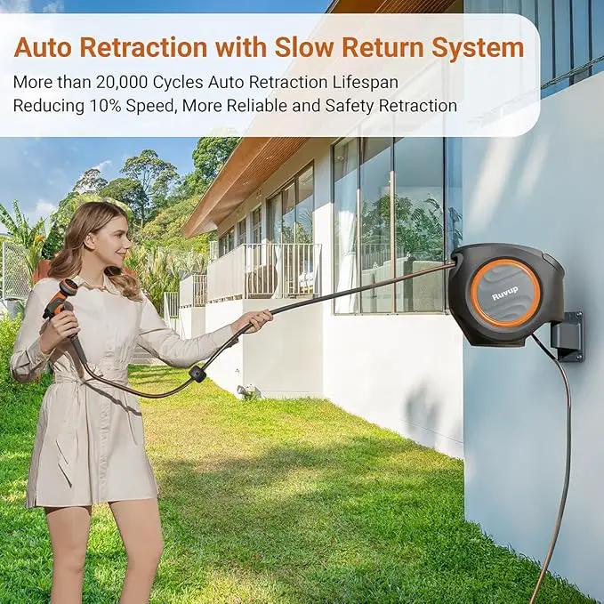Ruvup Retractable Garden Hose Reel, 5/8in x 100ft Water Hose Reel with Metal Bracket, UV Resistant Automatic Hose Reel Wall Mount for Outside, Slow Retraction Any Length Lock 10 Spray Nozzle by GreenHaven Gardens