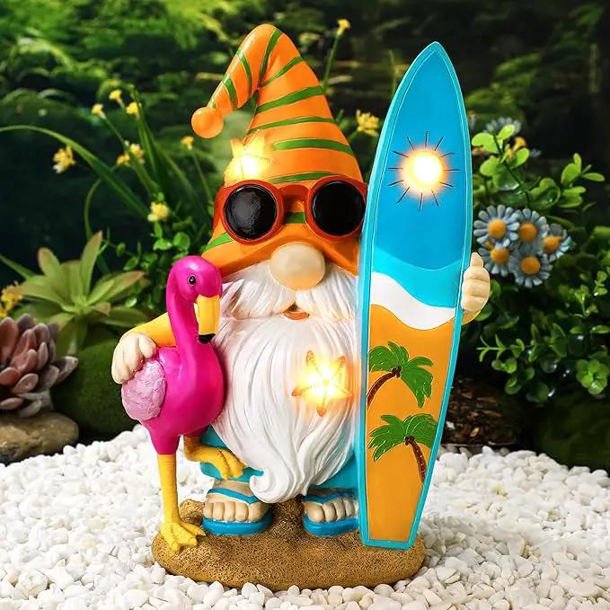 Funny Solar Gnomes Garden Decor Surfer Gnome Figurine with Flamingo Summer Beach Gnomes Solar Light Outdoor Funny Lawn Statue for Patio, Lawn, Yard, Porch,holiday Women Gift,9.1 Inch Tall by GreenHaven Gardens