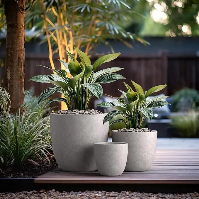 Kante 18",14",10" Dia Concrete Round Planters (Set of 3), Outdoor Indoor Large Planter Pots with Drainage Hole and Rubber Plug for Home Patio Garden, Light Gray by GreenHaven Gardens