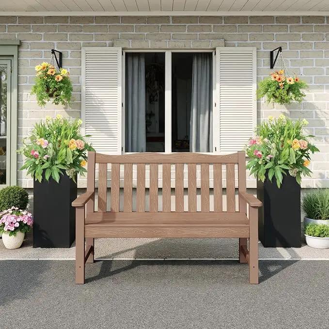 Outdoor Bench, 2-Person Poly Lumber Garden Bench, All-Weather Outside Bench with 800 lbs Weight Capacity, Never Rot or Fade, Looks Like Real Wood, Teak by GreenHaven Gardens
