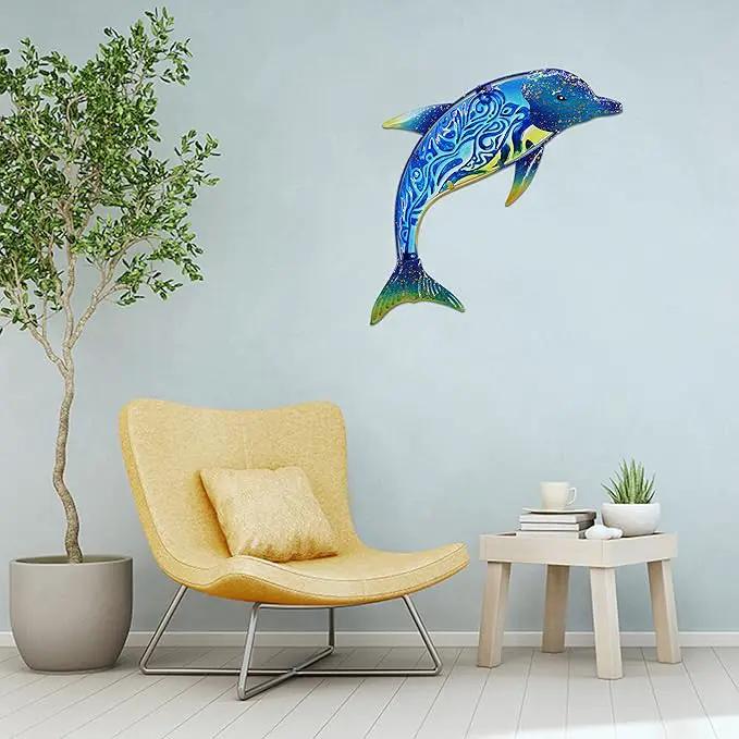 John's Studio Dolphin Wall Decor Outdoor Metal FIsh Sea Hanging Art Glass Sculptures Home Ocean Theme Decorations for Living Room, Bedroom, Yard, Fence and Patio - 17.5 Inches by GreenHaven Gardens