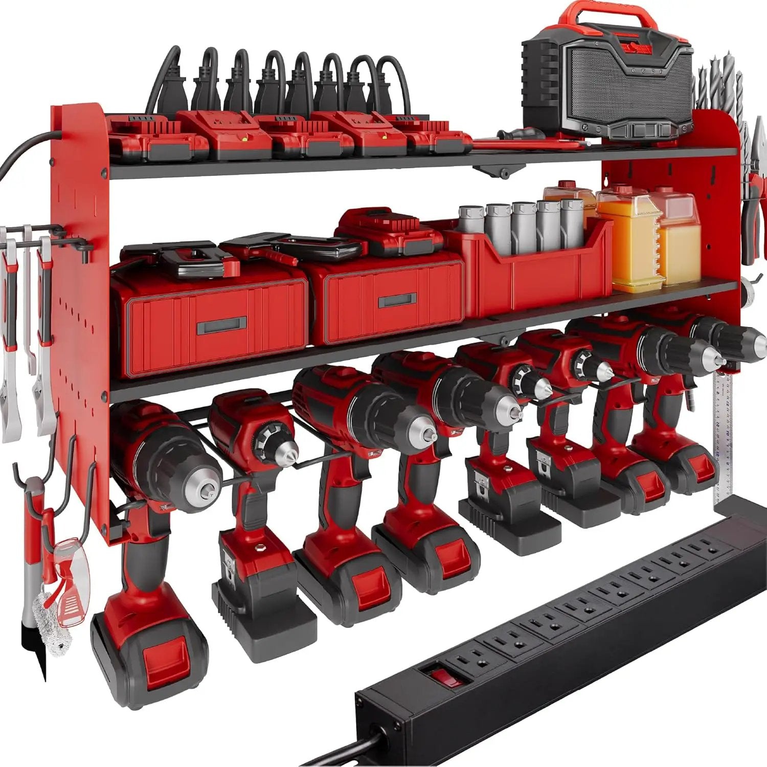 Suchtale Power Tool Organizer with Charging Station,33.2" Garage 8 Drill Holders Wall Mount,3 Layers Heavy Duty Metal Tool Shelf Built in 8 Outlets Power Strip, Gift for Men, Father, Red by GreenHaven Gardens