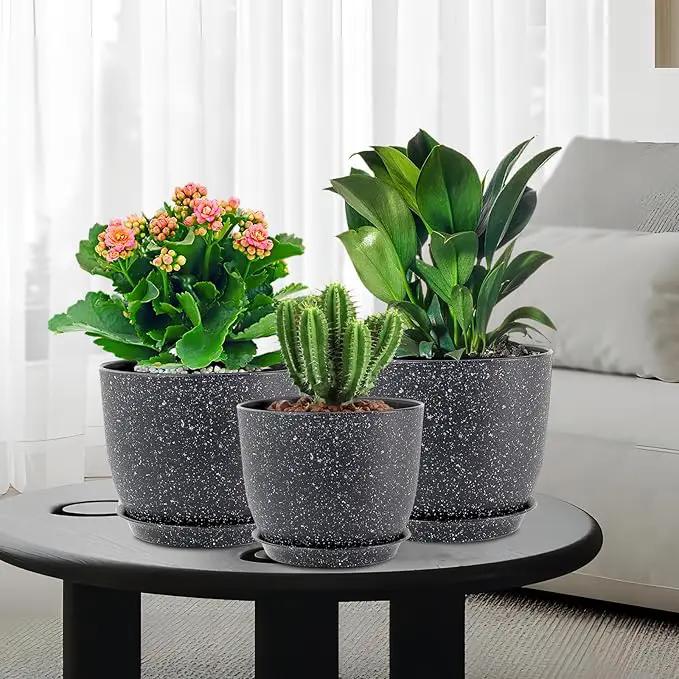 Plant Pots 10/9/8 inch, Set of 3 Modern Decorative Plastic Planters with Drainage Holes and Saucers for Garden House Plants, Flower Pots for Indoor Outdoor Plants, Speckled Black by GreenHaven Gardens