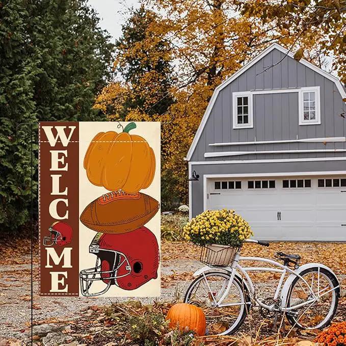 Fall Welcome Garden Flag Autumn Pumpkin Football Garden Flag 12x18 inch Double Sided Fall Thanksgiving Flags for Yard Outdoor Front Door (Flay 1803) by GreenHaven Gardens