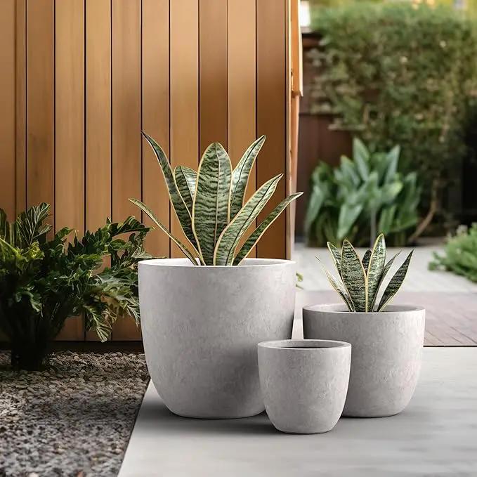 Kante 18",14",10" Dia Concrete Round Planters (Set of 3), Outdoor Indoor Large Planter Pots with Drainage Hole and Rubber Plug for Home Patio Garden, Light Gray by GreenHaven Gardens