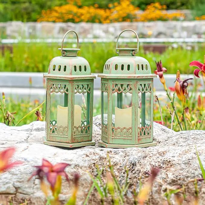 SteadyDoggie Solar Lanterns 2 Pack Green - Hanging Solar Lights with Flickering Candle LED - Retro Ornate Hanging Solar Lantern with Handle by GreenHaven Gardens
