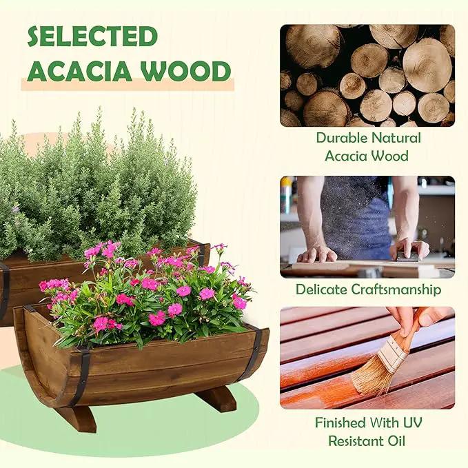 IDZO Solid Acacia Wood Half Barrel Planters Outdoor Set of 2 Different Sizes, Wooden Planters for Outdoor Plants with Metal Bands & Drainage Holes, Legs Included, Brown by GreenHaven Gardens