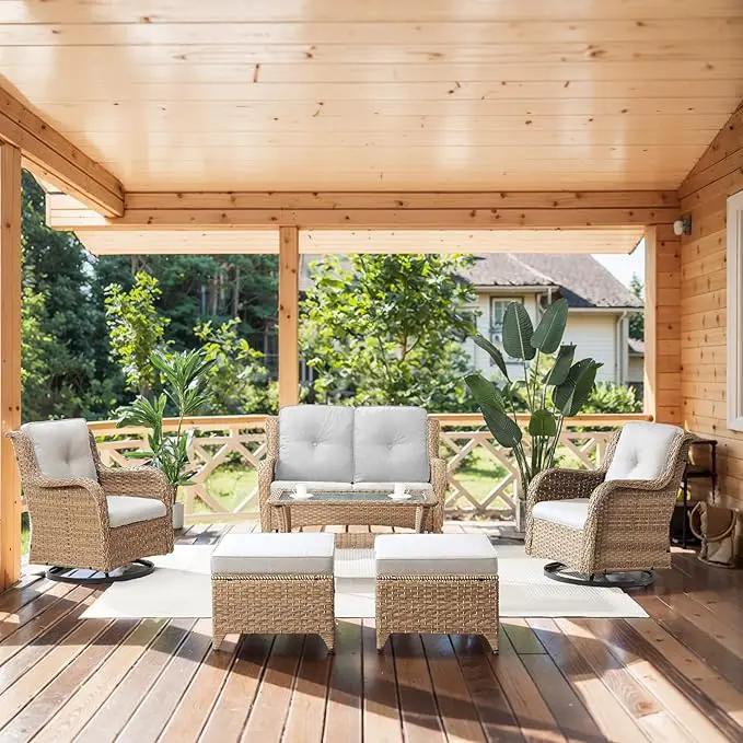 Wicker Outdoor Furniture Patio Furniture Set - 6 Piece Patio Conversation Set with Swivel Rocker Chairs, Loveseat Sofa, Ottomans and Coffee Table, Beige Cushion by GreenHaven Gardens