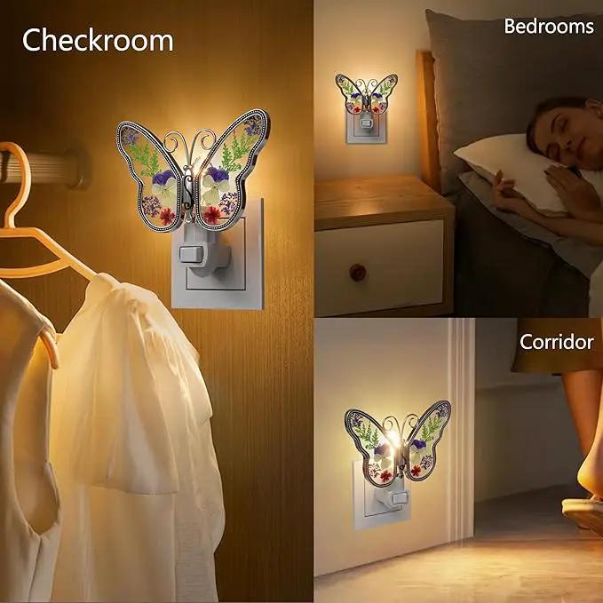 KY&BOSAM Butterfly Night Light Plug into Wall Night Lights Real Flower Glass and Metal Nightlights for Hallway Nursery Bedroom Bathroom Kids Room Kitchen Stairway Accent Elegant Themed Home Decoration by GreenHaven Gardens
