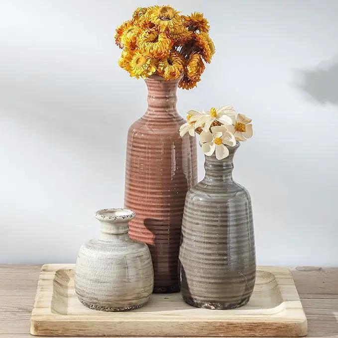 Ceramic Vases Set of 3, Neutral Rustic Farmhouse Vases Home Decor Decorative Flower Vase Modern Boho Pampass Vase for Table Mantel Entryway Shelf Living Room Kitchen Bathroom - Brown by GreenHaven Gardens