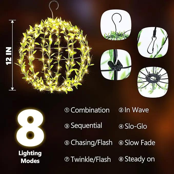Joomer Solar Hanging Lights Outdoor, 2 Pack 12in 120 LED Solar Globe Lights, 8 Modes Waterproof Foldable Metal Sphere Light with Hook for Garden Yard Porch Decor-Warm White (Ball with Green Leaf) by GreenHaven Gardens