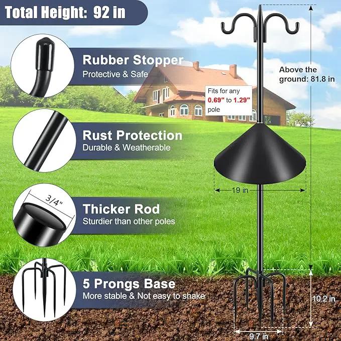 Gtongoko Bird Feeder Pole Squirrel Proof, 92 Inch Double Shepherds Hook for Outdoor with Squirrel Baffles Adjustable Heavy Duty with 5 Prongs Base for Hanging Plants, Bird Feeders, Black by GreenHaven Gardens