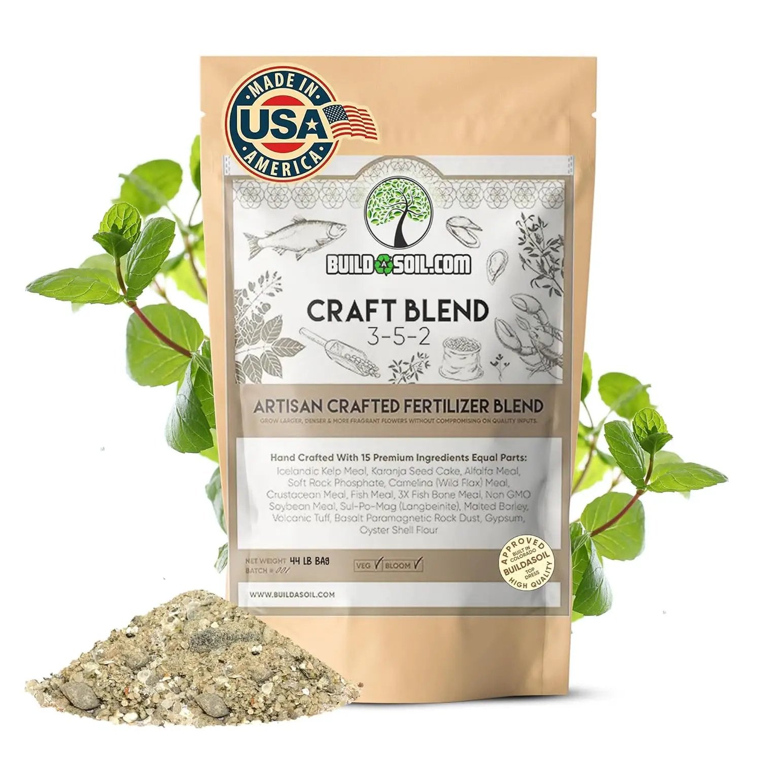 BuildASoil Fertilizer for Vegetable Garden and Ogranic Plant Food | Hand-Crafted Organic Fertilizer with 15 Premium Ingredients | Ensures Larger Plants and More Fragrant Flowers (44 LB - Large Bag) by GreenHaven Gardens