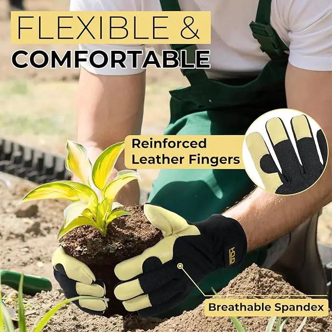 HANDLANDY Leather Work Gloves for Men & Women, Reinforced Durable Garden Gloves, Cowhide Working Glove for Gardening by GreenHaven Gardens