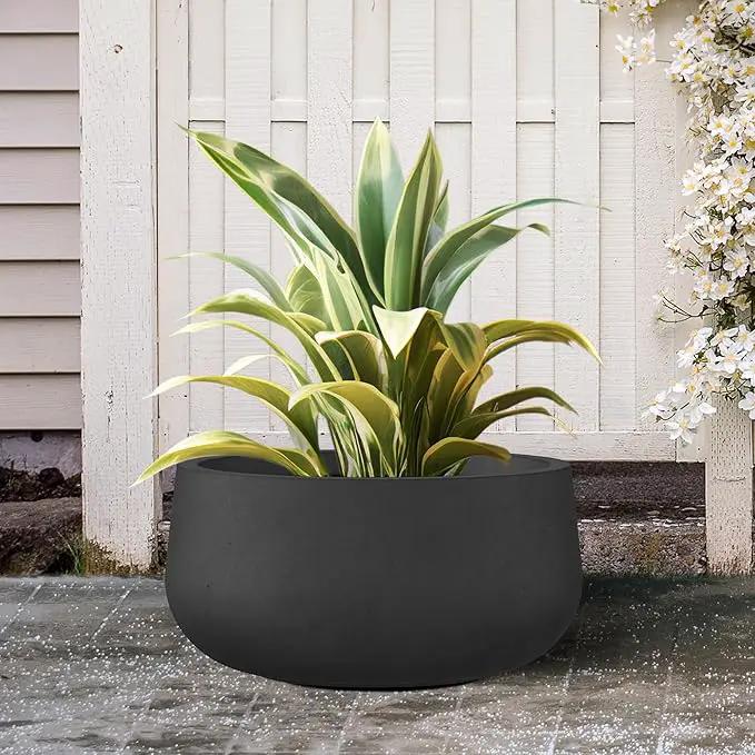 Kante 15.7" Dia Round Concrete Planter, Outdoor Indoor Garden Plant Pots with Drainage Hole and Rubber Plug, Modern Curvaceous Design, Black by GreenHaven Gardens