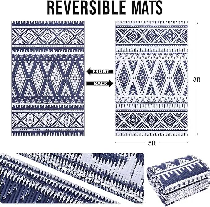 OLANLY Outdoor Rug Waterproof 5x8 ft, Reversible Outdoor Plastic Straw Rug, Boho Patio Rug, Indoor Outdoor Carpet, RV Mat Outside for Patio, Camp, Picnic, Balcony, Deck, Backyard, Navy & White by GreenHaven Gardens