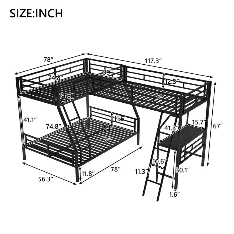 Twin Over Full Bunk Bed With Loft And Desk, L-Shaped Design For 3 Sleepers - Black by Unique Piece Furniture