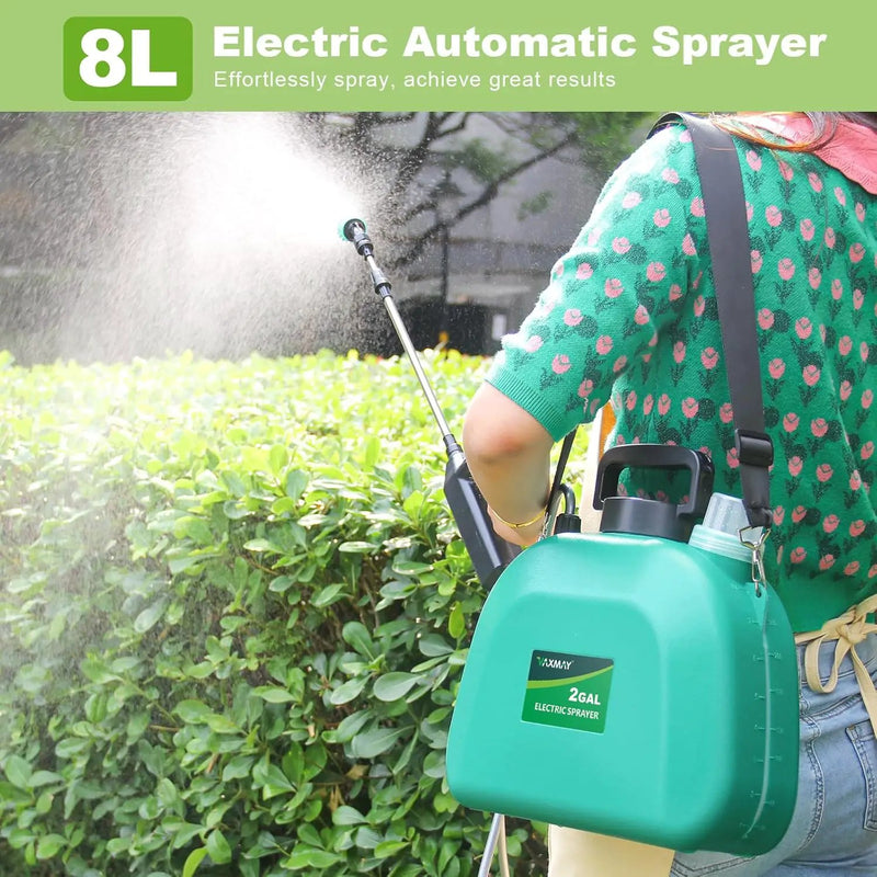 Battery Powered Sprayer 2 Gallon, Upgrade Powerful Electric Garden Sprayer with 3 Mist Nozzles, Rechargeable Handle, Retractable Wand, Adjustable Shoulder Strap for Lawn,Garden,Cleaning by GreenHaven Gardens