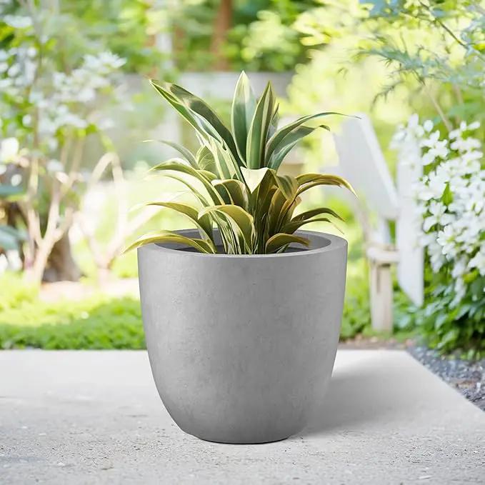 Kante 14 Inch Dia Round Concrete Planter, Indoor Outdoor Large Plant Pot with Drainage Hole and Rubber Plug for Home Patio Garden, Gray Concrete by GreenHaven Gardens