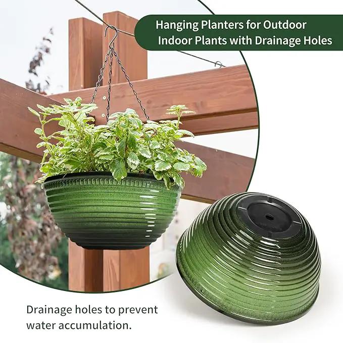 12 inch Hanging Planters for Indoor Outdoor Plants, 2 Pack Large Hanging Flower Pots with Drainage Holes and Chain, Glazed Hanging Baskets for Home Garden Decoration, Green by GreenHaven Gardens