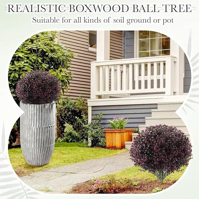 Yunlly 4 Pack 18" Artificial Boxwood Ball Bush Topiary Trees Fake Outdoor Plants, Realistic UV Resistance Faux Shrubs with Spike Greenery Topiary for Front Porch Garden Yard Patio Indoor (Dark Purple) by GreenHaven Gardens