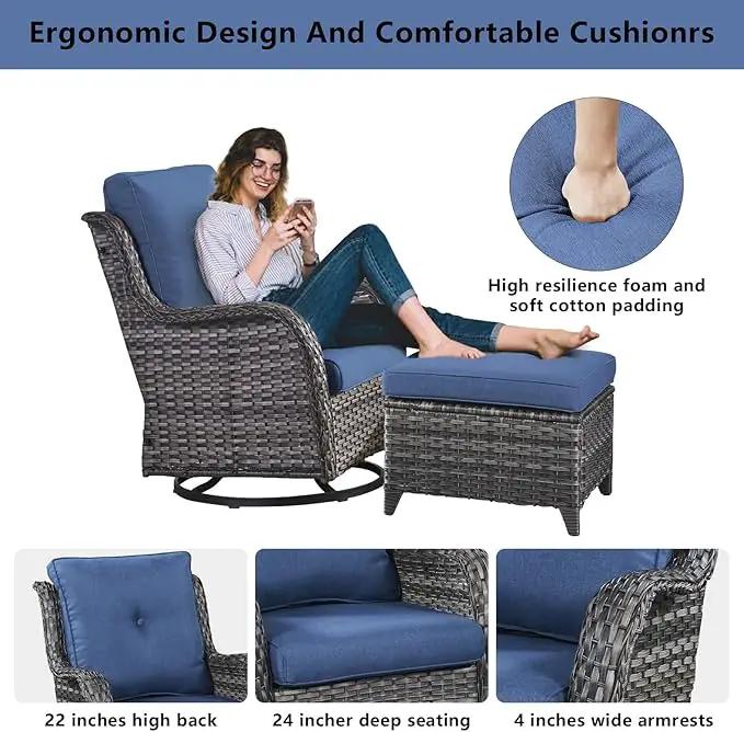 Wicker Outdoor Furniture Patio Furniture Set - 6 Piece Patio Conversation Set with Swivel Rocker Chairs, Rattan Sofa, Ottomans and Coffee Table, Blue Cushion by GreenHaven Gardens