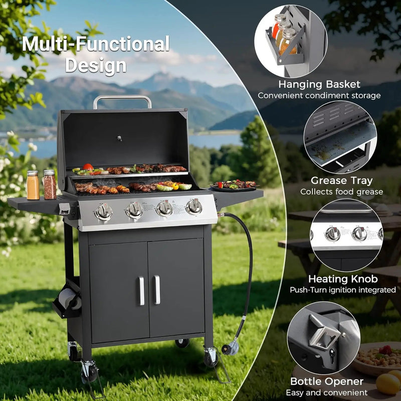 4-Burner Propane Gas Grill, Stainless Steel BBQ with 40,000 BTU, Foldable Side Shelves, Porcelain-Coated Grates, Ideal for Patio & Backyard Cooking (4 Burner) by GreenHaven Gardens
