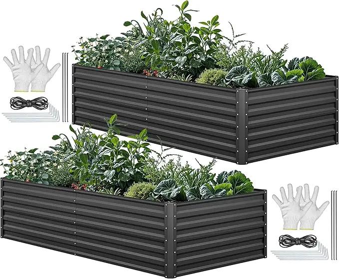 YITAHOME 8x4x2ft 2pcs Large Raised Garden Bed Kit, Galvanized Metal Planter Box with Gloves, Ground Nails & Safety Rubber, Outdoor Above Ground Planters for Plants Vegetables Flowers, Black by GreenHaven Gardens