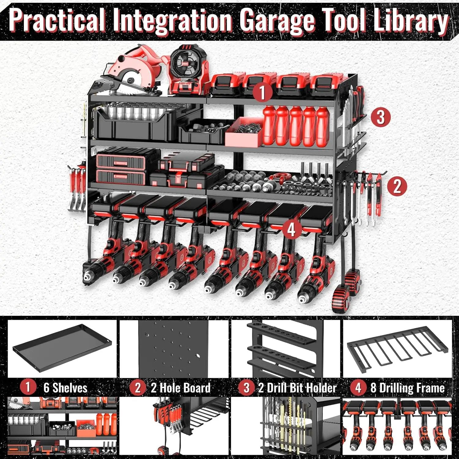 Power Tool Organizer Wall Mount, Metal 4 Layer Heavy Duty Metal Power Tool Storage Rack, Garage Drills Storage Shelves with Screwdriver Holder Plier Holder (Black, 8 Drills Holder) by GreenHaven Gardens