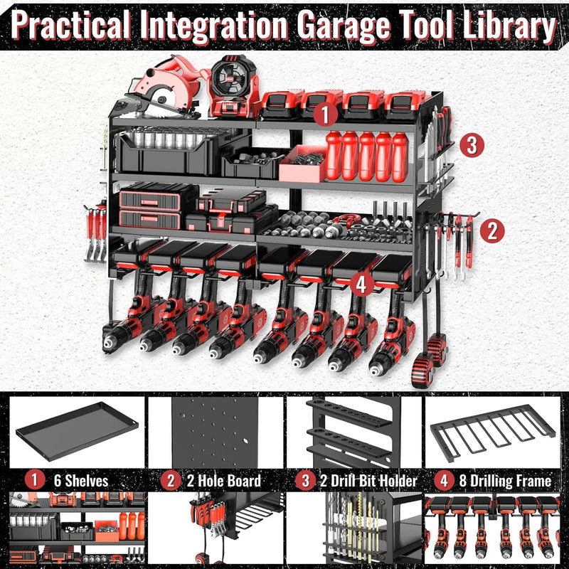 Power Tool Organizer Wall Mount, Metal 4 Layer Heavy Duty Metal Power Tool Storage Rack, Garage Drills Storage Shelves with Screwdriver Holder Plier Holder (Black, 8 Drills Holder) by GreenHaven Gardens