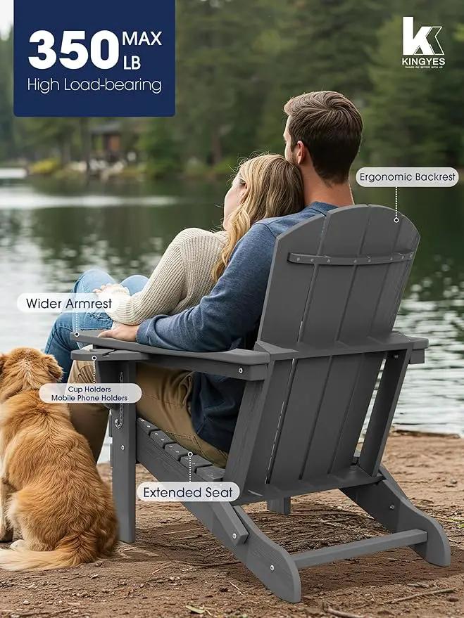 KINGYES Folding Adirondack Chair with Dual Cup Holders - HDPE All-Weather Outdoor Chairs, Wood-Like Patio Chair for Backyard, Camping, Pool & Fire Pit, Grey by GreenHaven Gardens