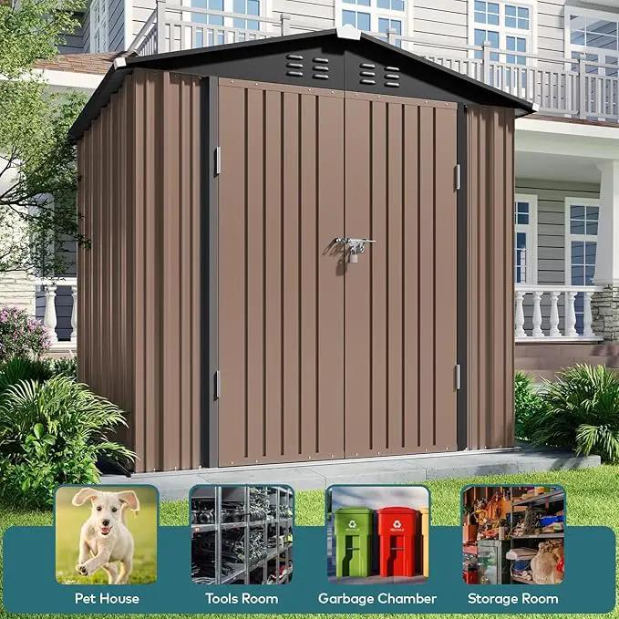 Gizoon Outdoor Storage Shed 6 x 4 FT, Galvanized Metal Garden Shed with Double Lockable Doors, Outdoor Storage Clearance for Backyard Patio Lawn-Light Brown by GreenHaven Gardens