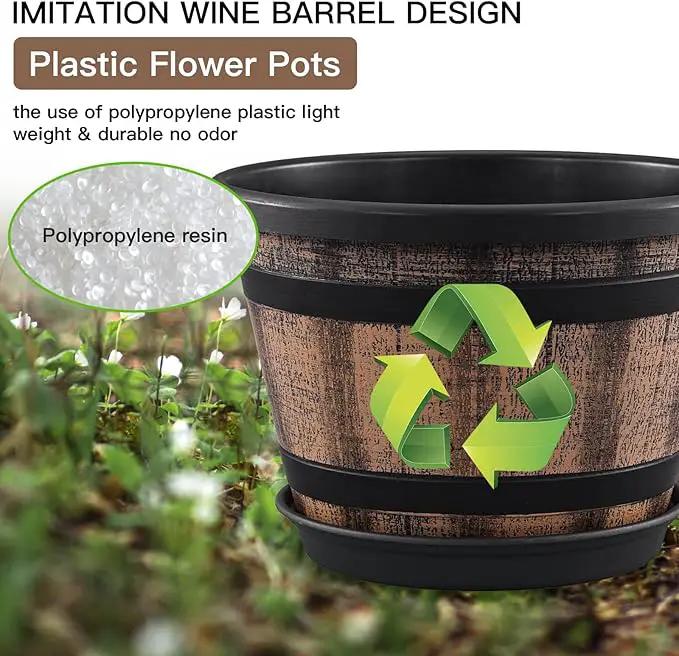 Quarut Plant Pots Set of 4 Pack 12 inch,Large Whiskey Barrel Planters with Drainage Holes & Saucer.Plastic Flower Pots Imitation Wine Barrel Design, for Indoor & Outdoor Garden Home Plants (Brown) by GreenHaven Gardens