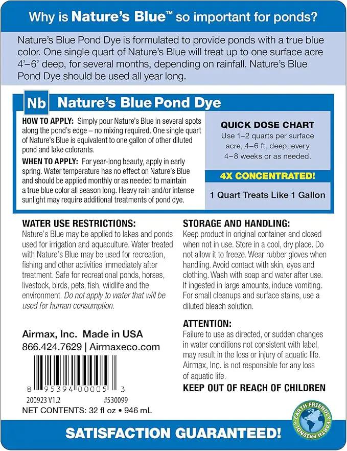Airmax Nature's Blue Pond Dye 4X Concentrate for Outdoor Ponds & Lakes, Natural Pond Colorant & Beauty Enhancer, Block Ultraviolet Rays, Fish, Bird & Livestock Safe, Easy Liquid Application, 1 Quart by GreenHaven Gardens