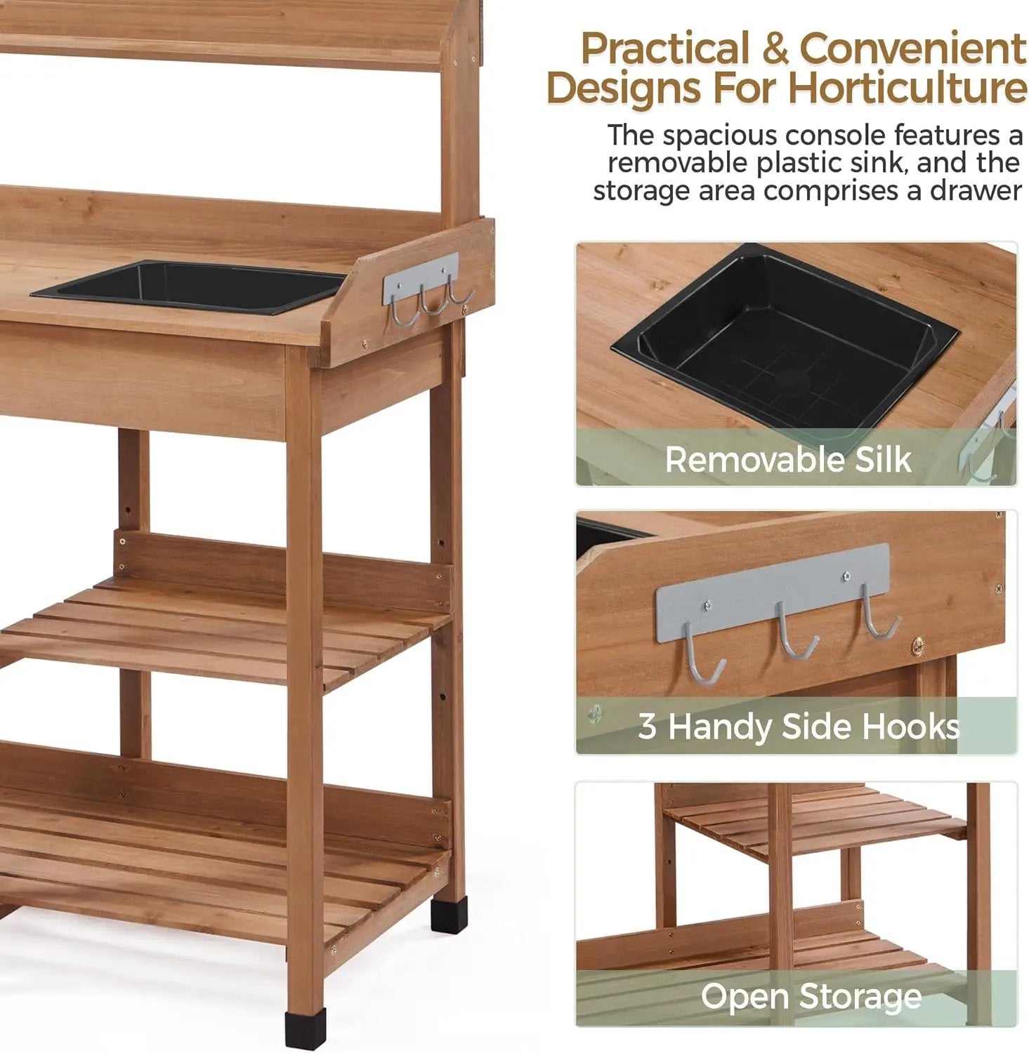 Yaheetech Potting Bench Outdoor Garden Work Bench Station Planting Solid Wood Construction for Horticulture w/Sink Drawer Rack Shelves Brown by GreenHaven Gardens