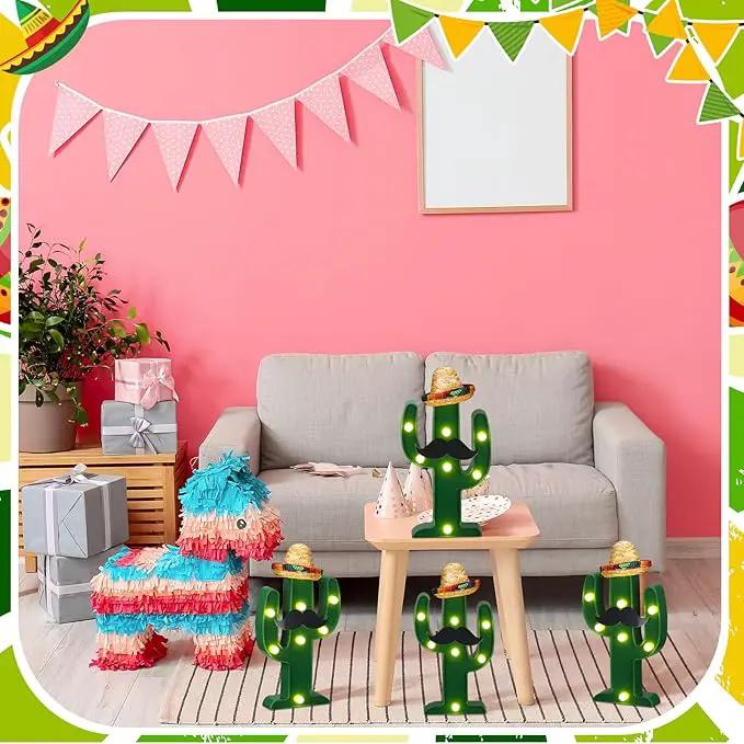 12 Pcs Cinco de Mayo LED Cactus Light with Mini Sombrero Straw Hats and Fake Beard Cinco De Mayo Table Decor Mexican Party Supplies for Table Room Bedroom Party Decoration (4.72 x 2.76 Inch) by GreenHaven Gardens