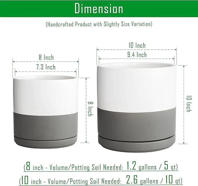 D'vine Dev 8 Inch & 10 Inch Ceramic Planter Pot for Plants with Drainage Hole and Saucer, Large Plant Pots Set, White/Speckled Grey, 94-G-L-6 by GreenHaven Gardens