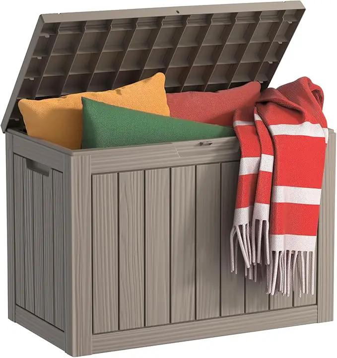 DRATO 45 Gallon Deck Box, Outdoor Storage Box for Patio Furniture, Patio Cushions, Gardening Tools, Pool Supplies 480lbs Weight Capacity,Waterproof Resin Storage Boxes (Light Brown, 45Gal) by GreenHaven Gardens