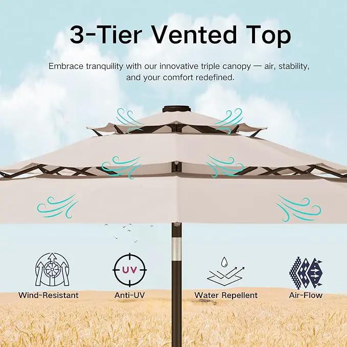 Kingdura 9ft 3-Tier Patio Umbrella, Outdoor Table Umbrella with Easy Crank & Tilt, 8 Reinforced Ribs, UV Protection for Deck, Pool, Market, Backyard (Beige) by GreenHaven Gardens