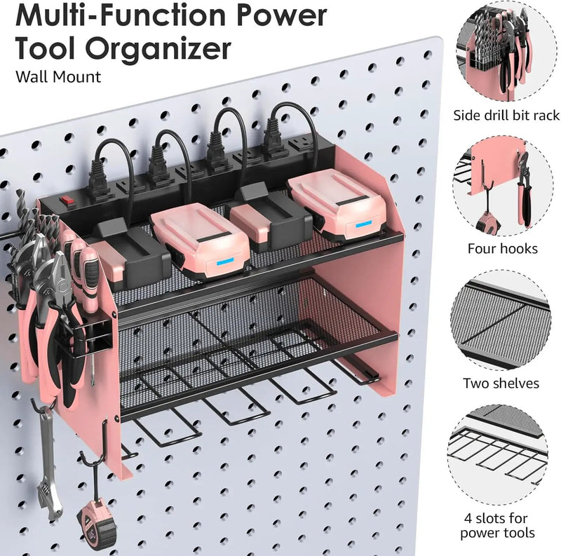 CCCEI Modular Power Tool Organizer Wall Mount with Charging Station. Garage 4 Drill Storage Shelf with Hooks, Drill Bit Heavy Duty Rack, Pink Tool Battery Holder Built in 8 Outlet Power Strip. by GreenHaven Gardens