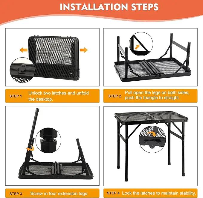 Camping Table with Mesh Desktop, Lightweight & Portable Folding Grill Table, Height Adjustable Metal Outdoor Table for Camp, Cooking, BBQ, RV, Picnic-4 FT Black by GreenHaven Gardens